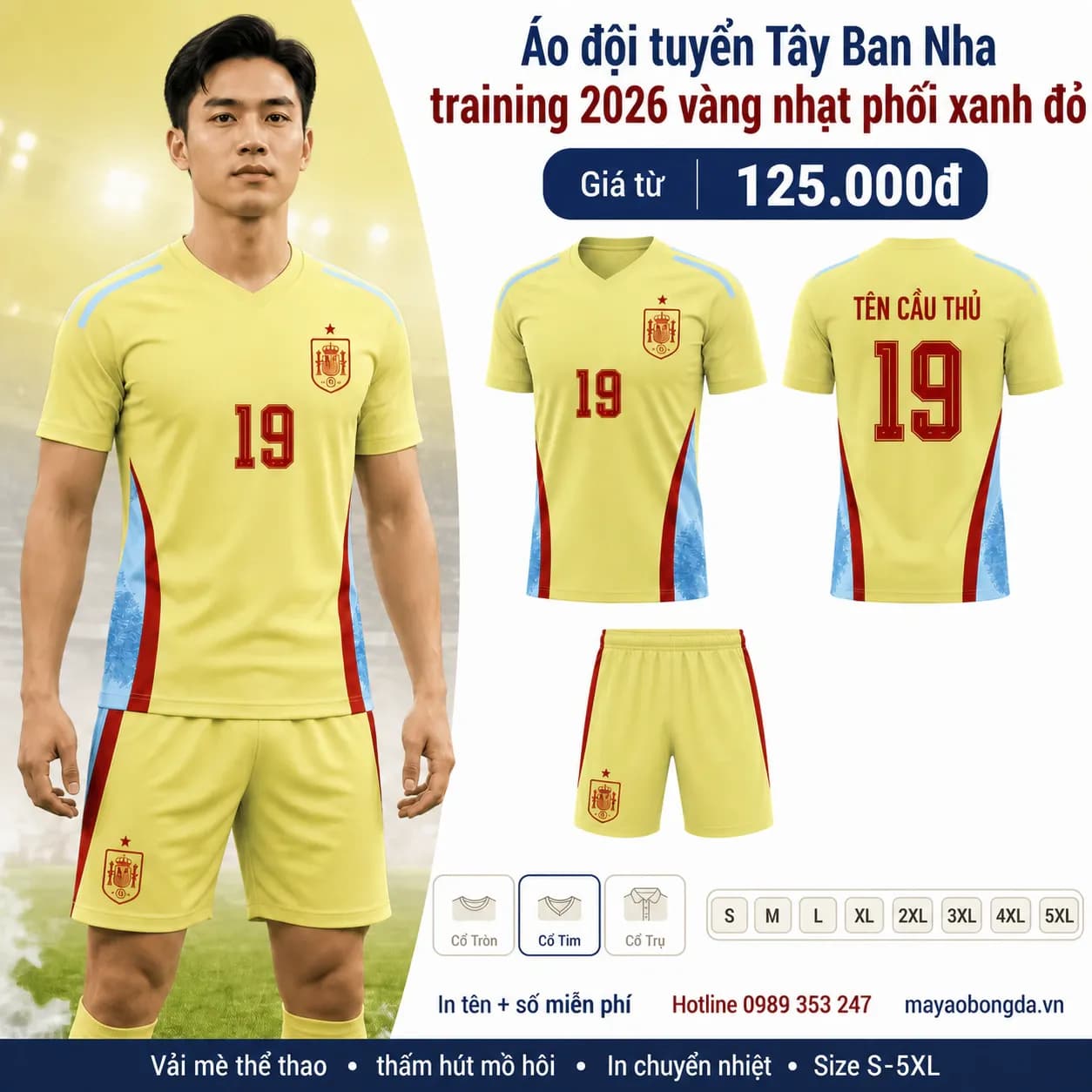 Áo đội tuyển Tây Ban Nha training 2026 vàng nhạt phối xanh đỏ – Mã MBĐ-AO-DOI-TUYEN-TAY-BAN-NHA-438269EF
