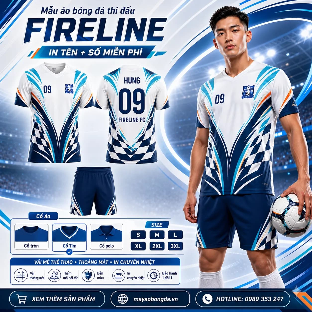 Mẫu áo bóng đá Fireline trắng xanh cổ tim