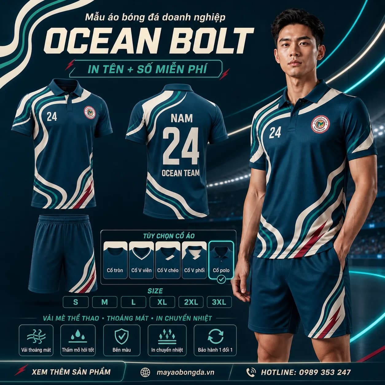 Áo bóng đá công ty Ocean Bolt xanh teal cổ polo