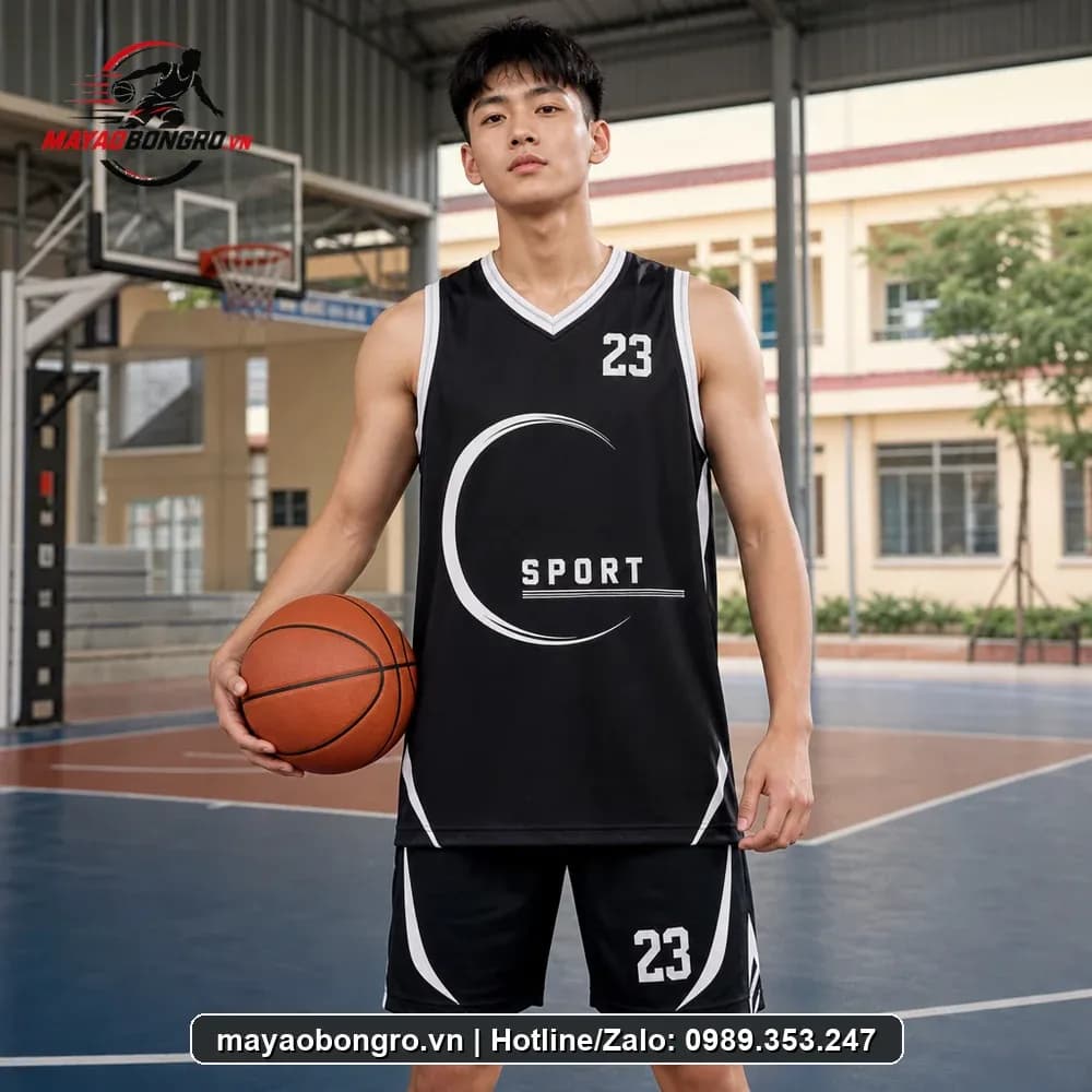 Bộ Quần Áo Bóng Rổ Logo SPORT Đen Trắng Thiết Kế Tối – Mã X24-SRC-BR-1698