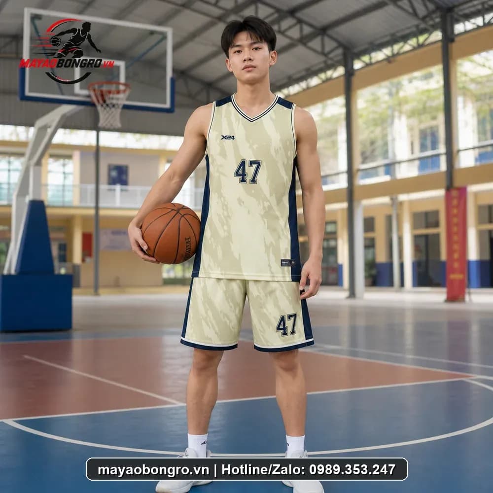 Bộ Quần Áo Bóng Rổ Màu Kem Kẻ Sọc Navy – Mã X24-SRC-BR-1600