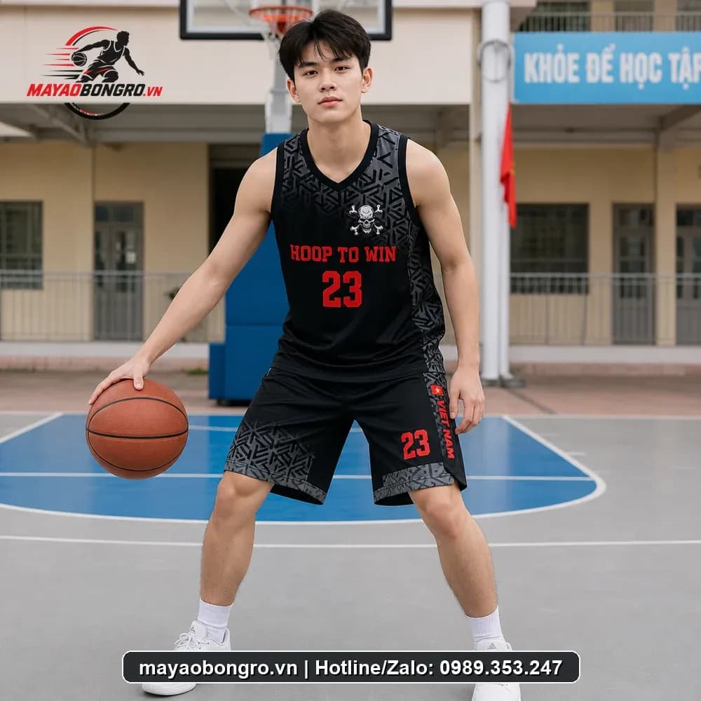 Bộ Quần Áo Bóng Rổ team màu đen HOOP TO WIN mạnh mẽ tự hào Việt Nam – Mã X24-SRC-BR-1574