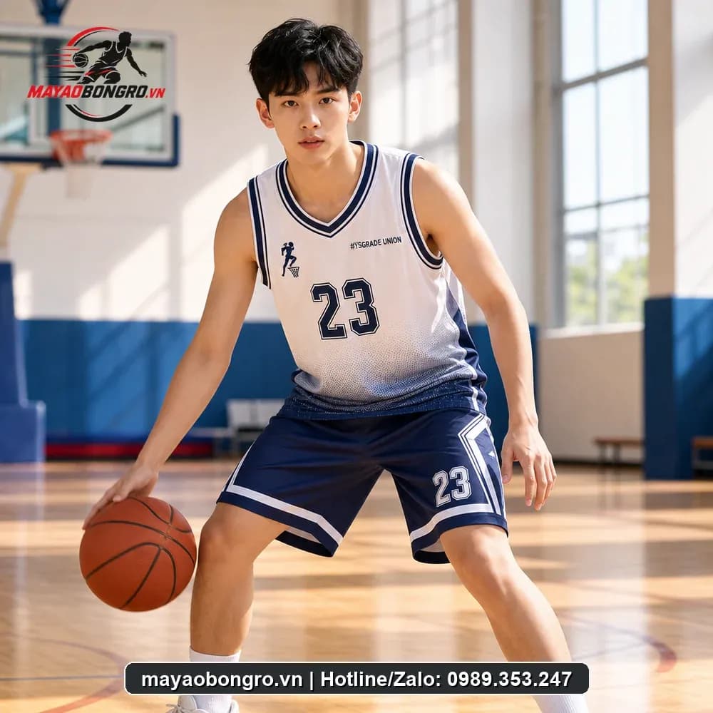 Bộ Quần Áo Bóng Rổ Đơn Giản Màu Trắng Logo Xanh Navy – Mã X24-SRC-BR-1551