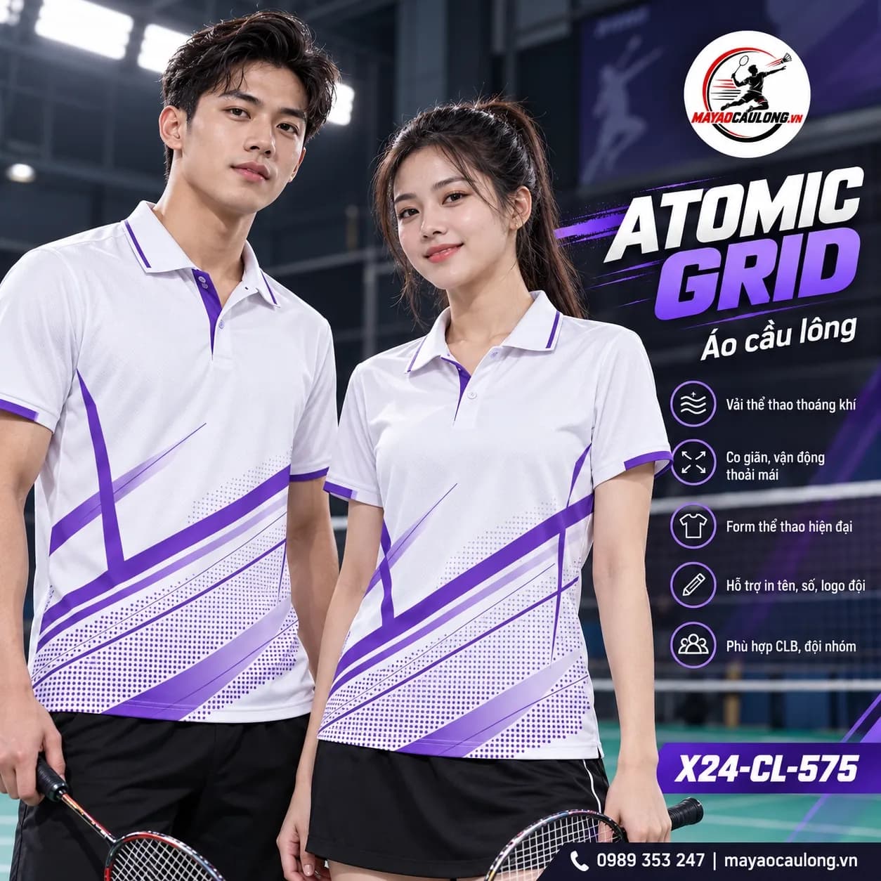 Áo cầu lông Atomic Grid trắng tím X24-CL-575