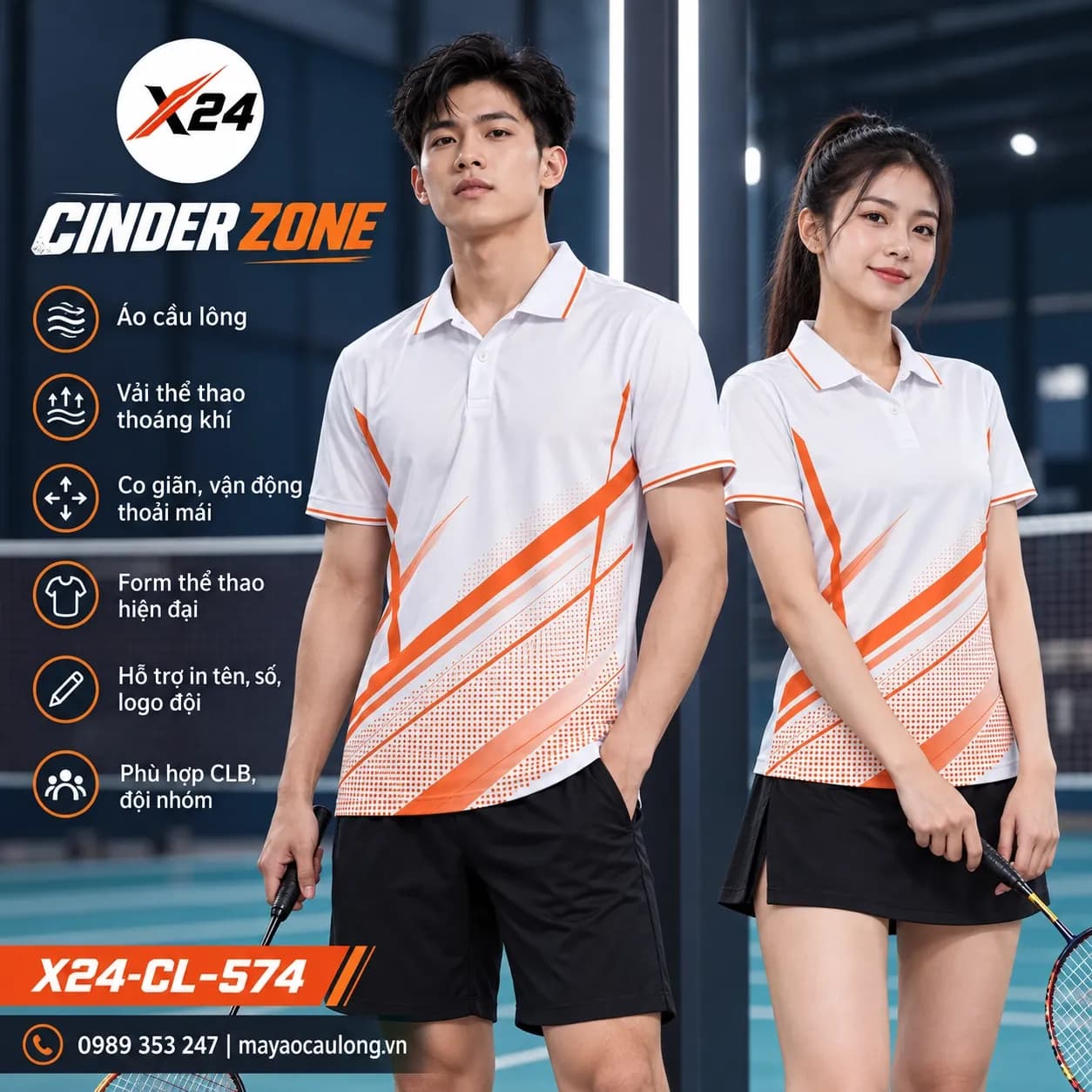 Áo cầu lông Cinder Zone trắng cam X24-CL-574