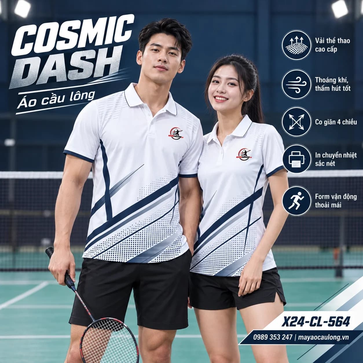 Áo cầu lông Cosmic Dash trắng xanh X24-CL-564