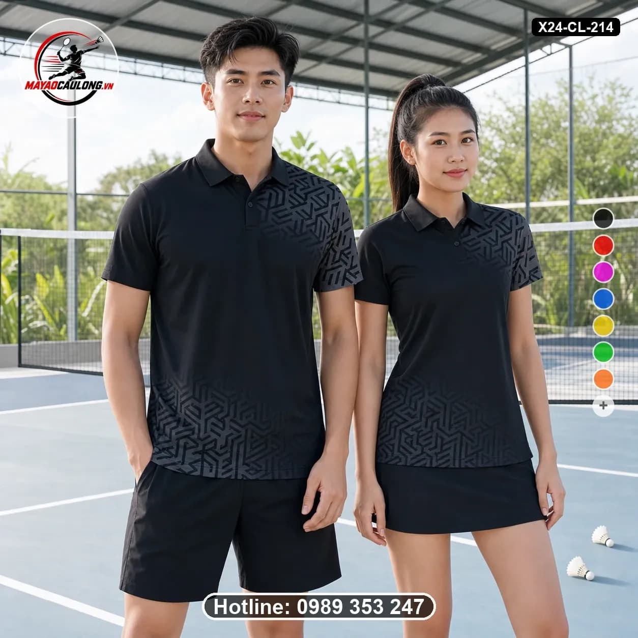 Áo cầu lông đặt may X24-CL-214 đen, xám than áo có cổ, tay ngắn – Tuyển chọn X24Sport