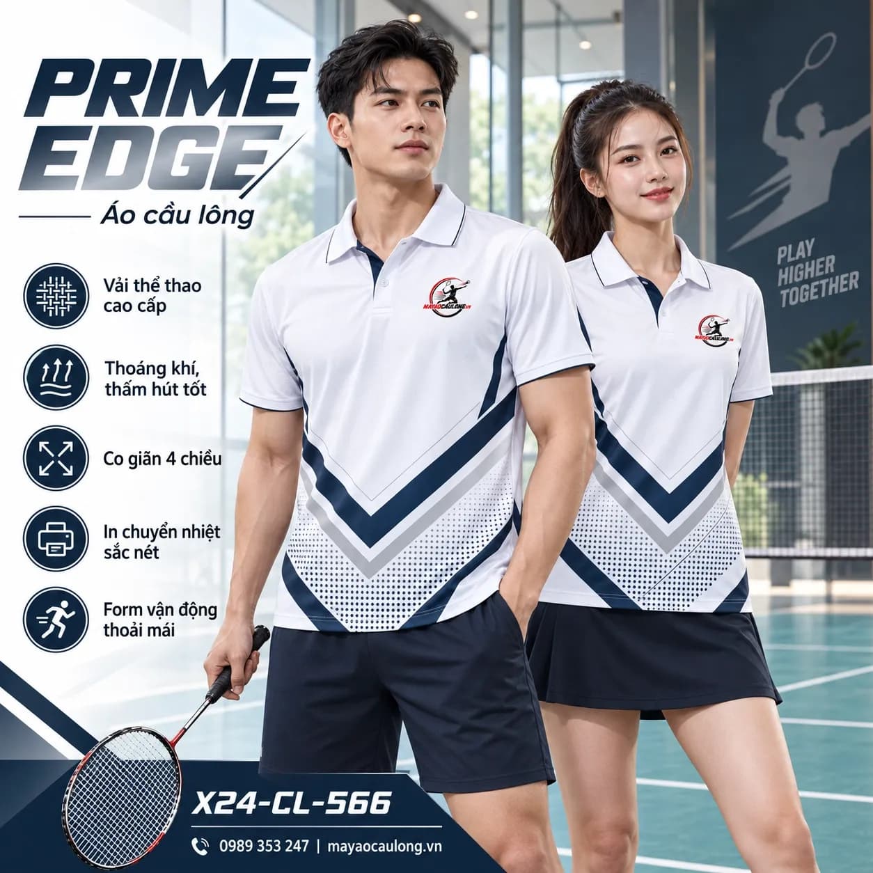 Áo cầu lông Prime Edge trắng xanh X24-CL-566