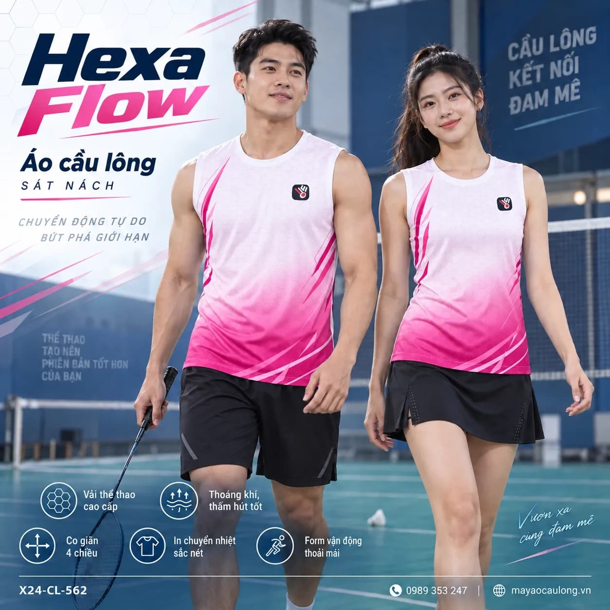 Áo cầu lông sát nách Hexa Flow trắng hồng X24-CL-562