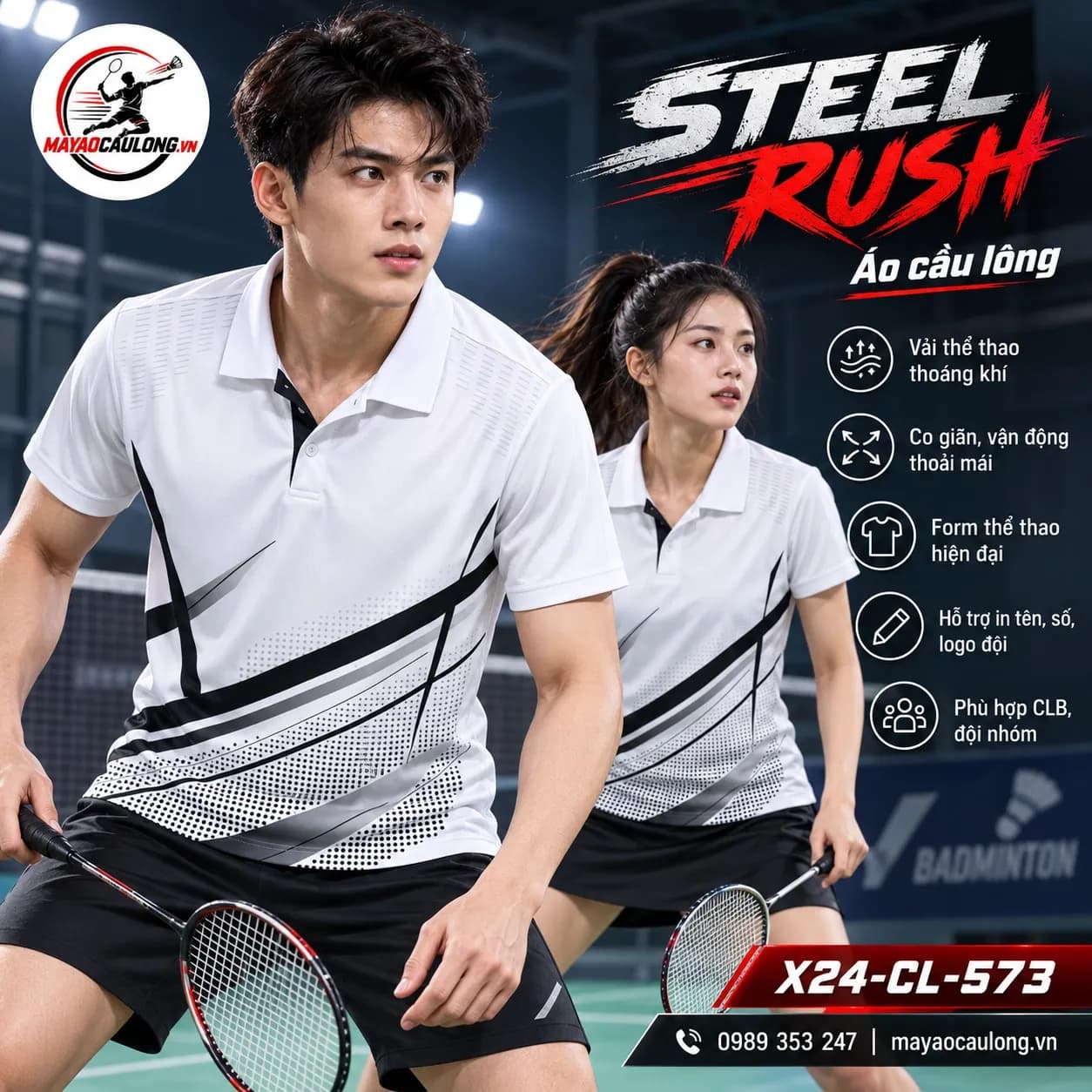 Áo cầu lông Steel Rush trắng đen X24-CL-573
