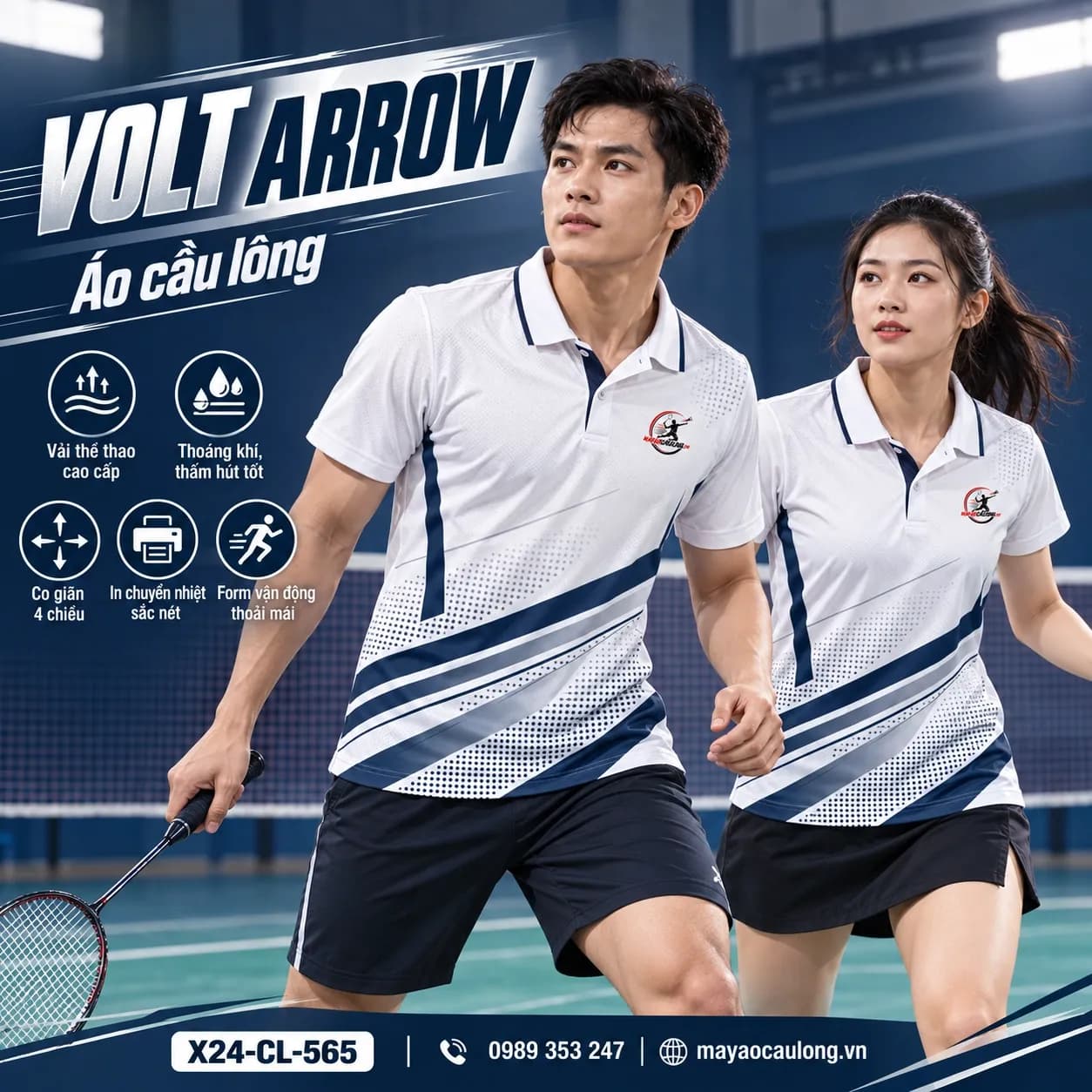 Áo cầu lông Volt Arrow trắng xanh X24-CL-565