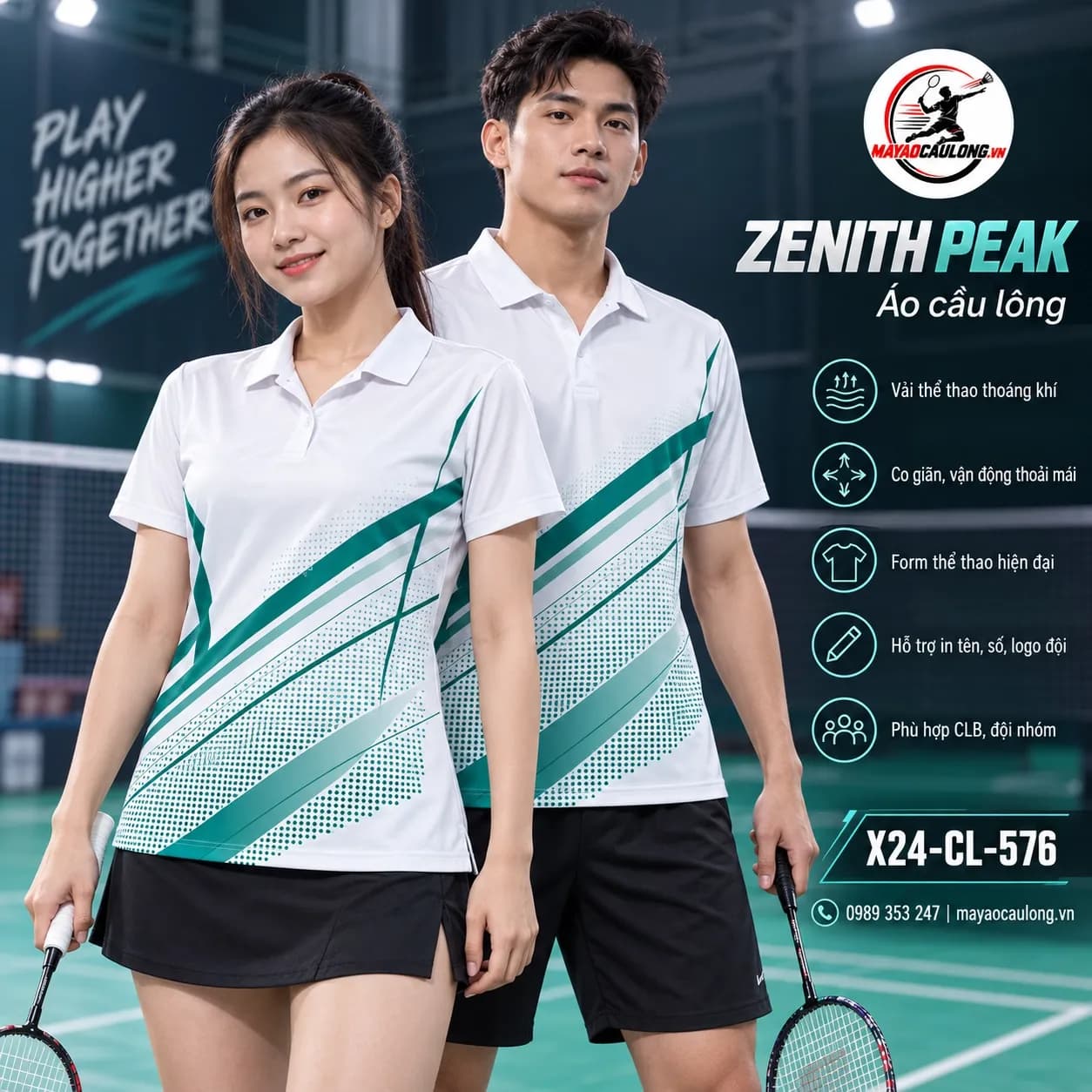 Áo cầu lông Zenith Peak trắng xanh ngọc X24-CL-576