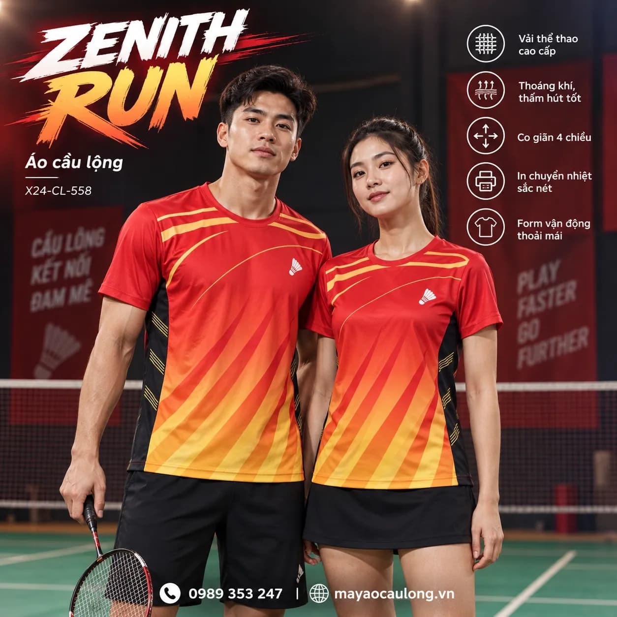 Áo cầu lông Zenith Run phối đỏ cam đặt đội