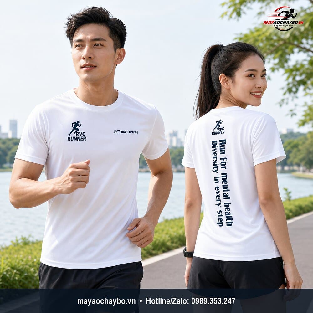 Áo Chạy Bộ Thiết Kế Đơn Giản Màu Trắng Logo Xanh Navy
