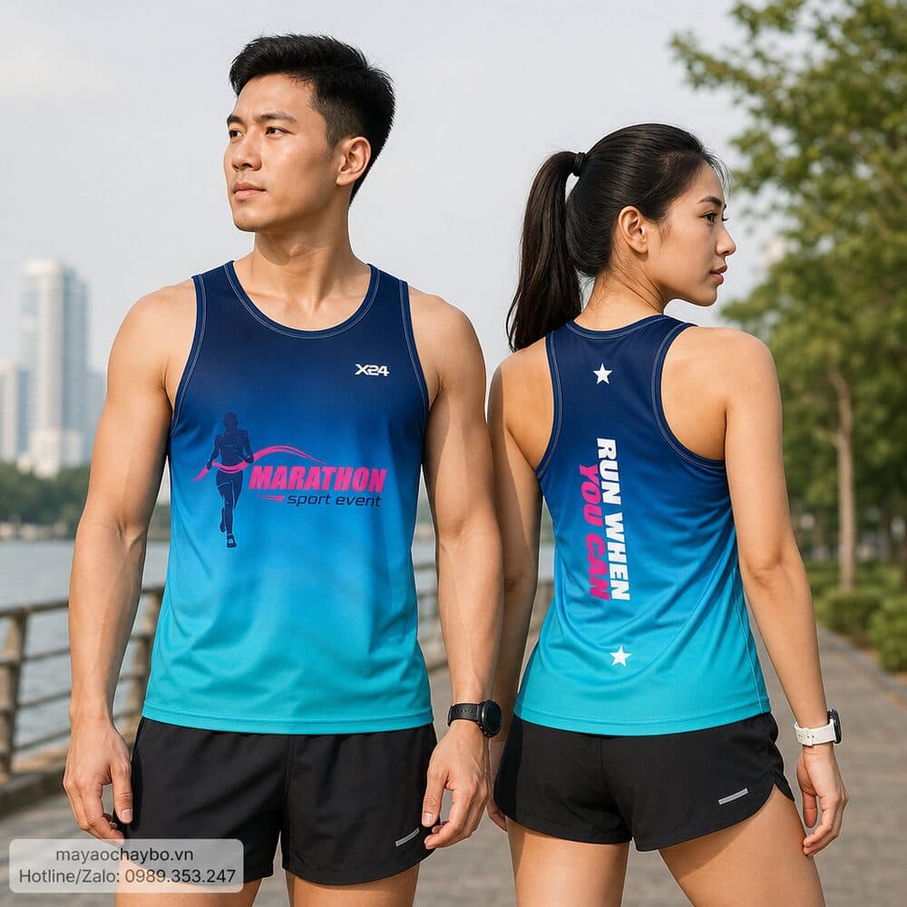Áo chạy bộ xanh biển ombre ‘Run When You Can’ sát nách thoáng mát