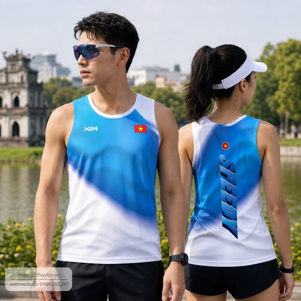 Áo chạy bộ xanh dương trắng SPEEDY – Mát mẻ, thể thao, tinh thần Việt