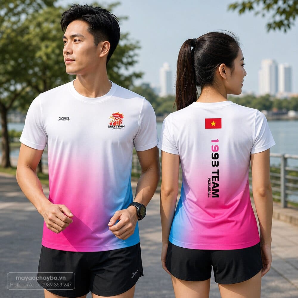 Áo Chạy Bộ Trắng Hồng Xanh Gradient – Năng Động & Thời Trang