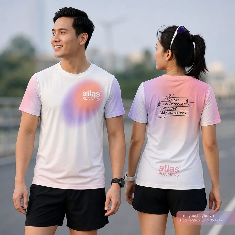 Áo chạy bộ Atlas Runners trắng ngà phối tím hồng cam