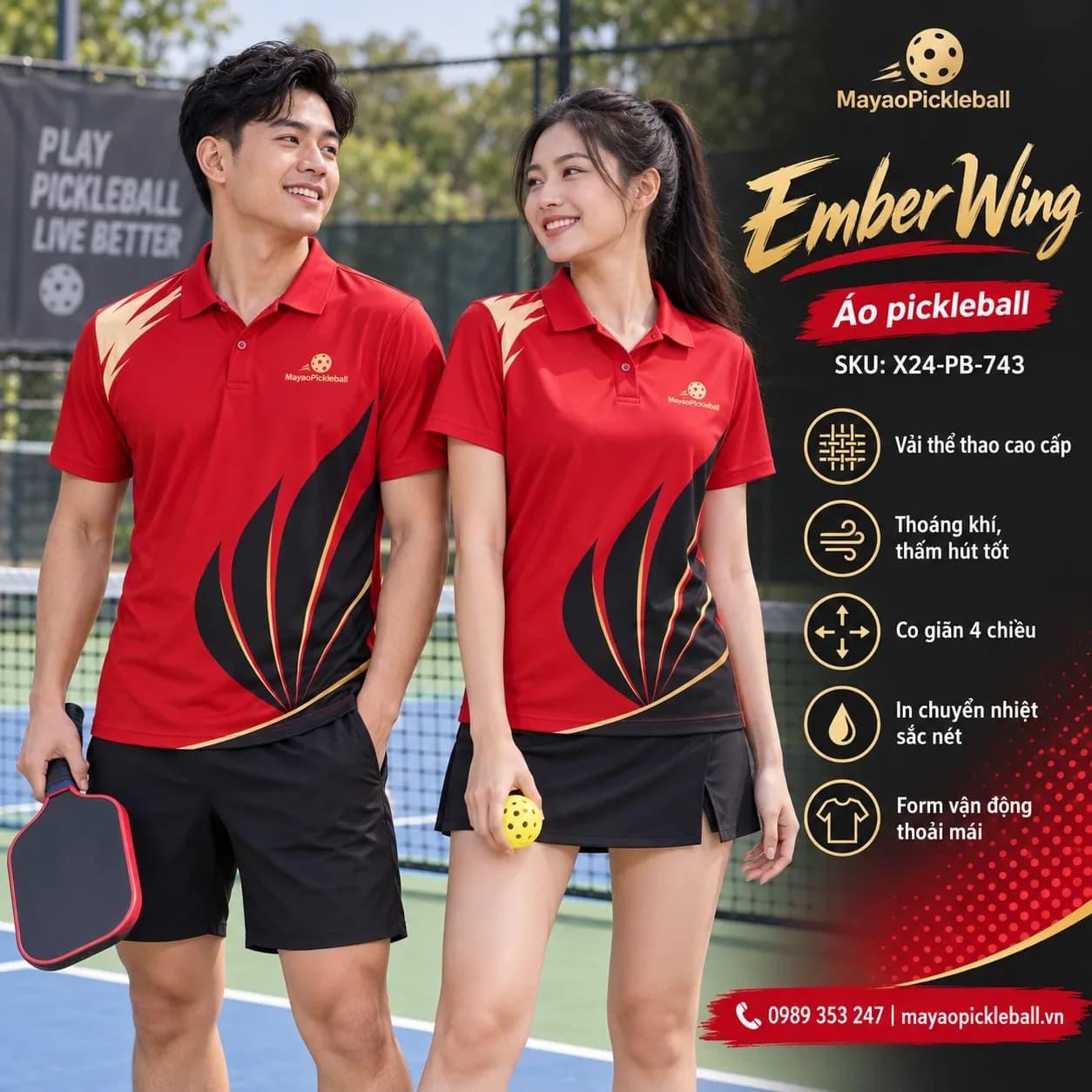 Áo pickleball Ember Wing phối đỏ scarlet đen đặt đội