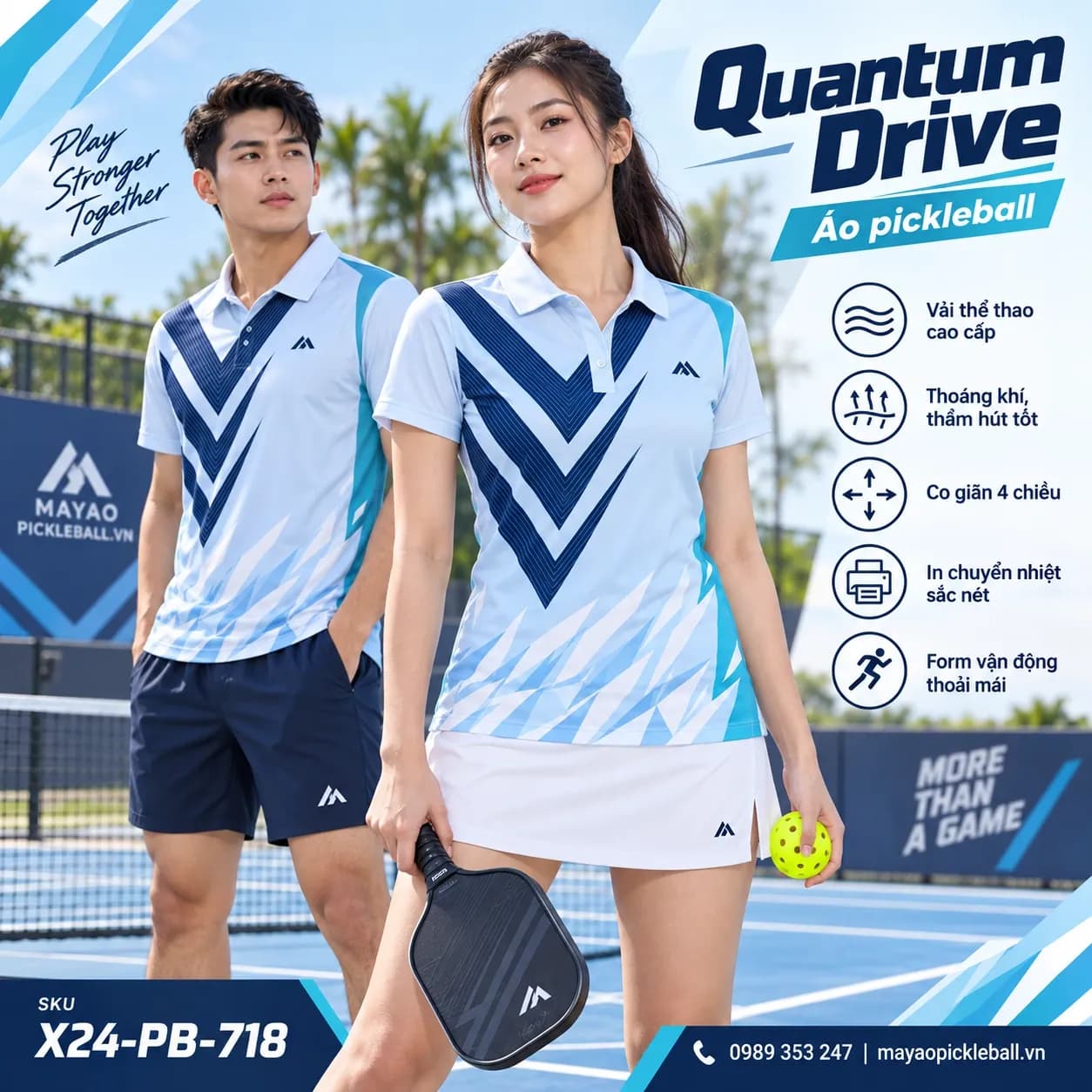 Áo pickleball Quantum Drive phối ice blue navy đặt đội