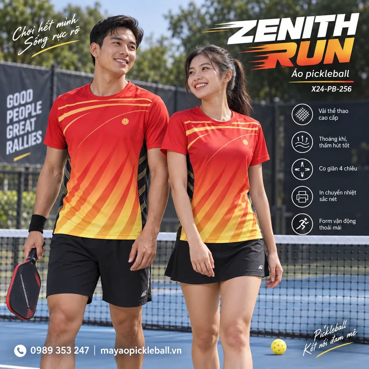 Áo pickleball Zenith Run phối đỏ cam đặt đội