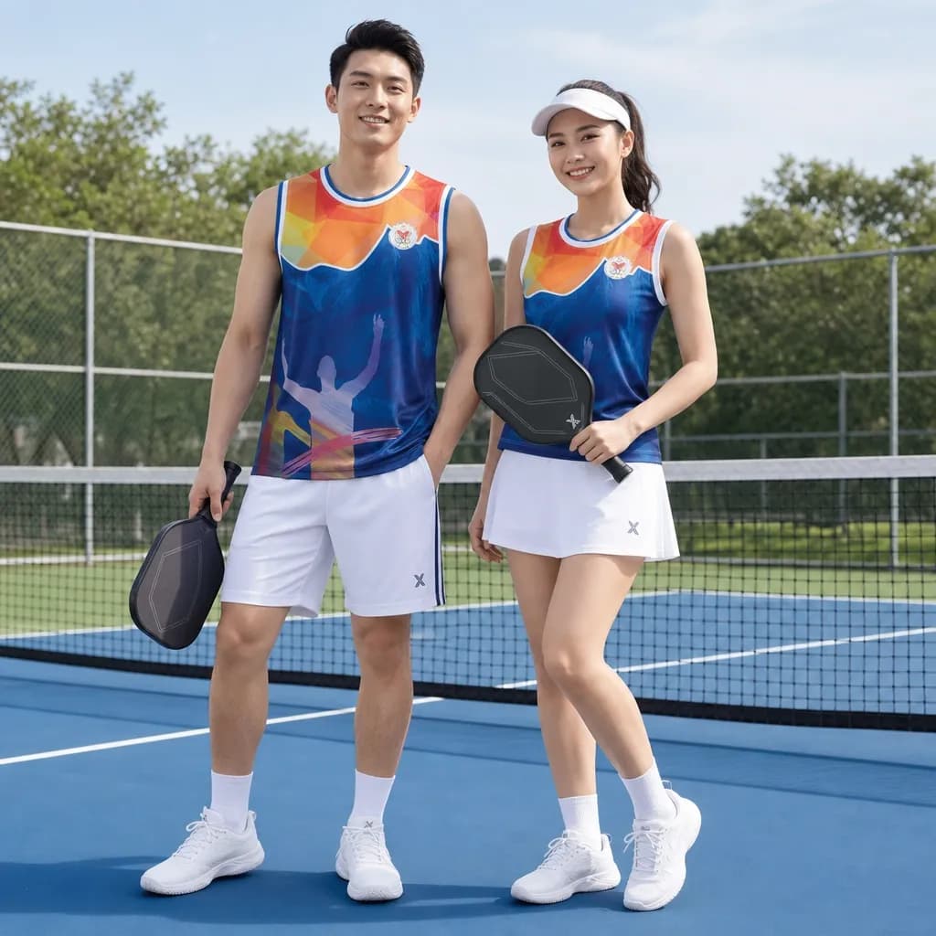 Bộ Quần Áo Pickleball Nam Nữ X24-PB-623 Đỏ cam vàng phối xanh navy – Tuyển chọn X24Sport