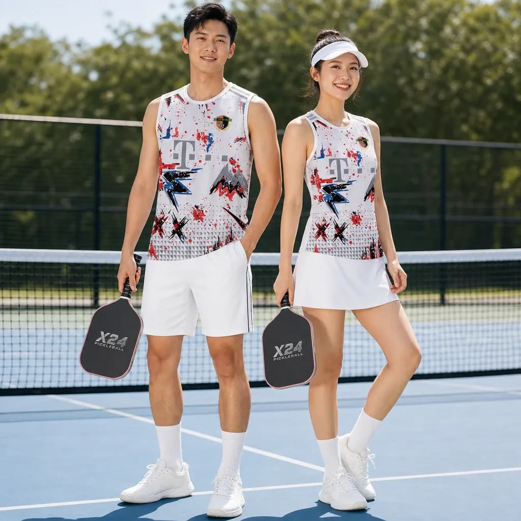 Bộ Quần Áo Pickleball Nam Nữ X24-PB-631 Trắng đỏ đen splatter – Tuyển chọn X24Sport