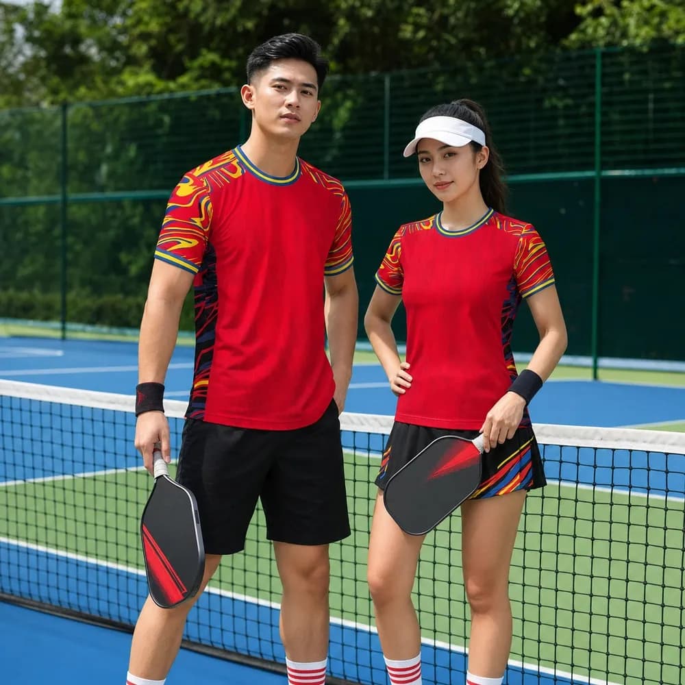 Bộ Quần Áo Pickleball Nam Nữ X24-PB-661 Đỏ tươi phối vàng xanh dương – Tuyển chọn X24Sport