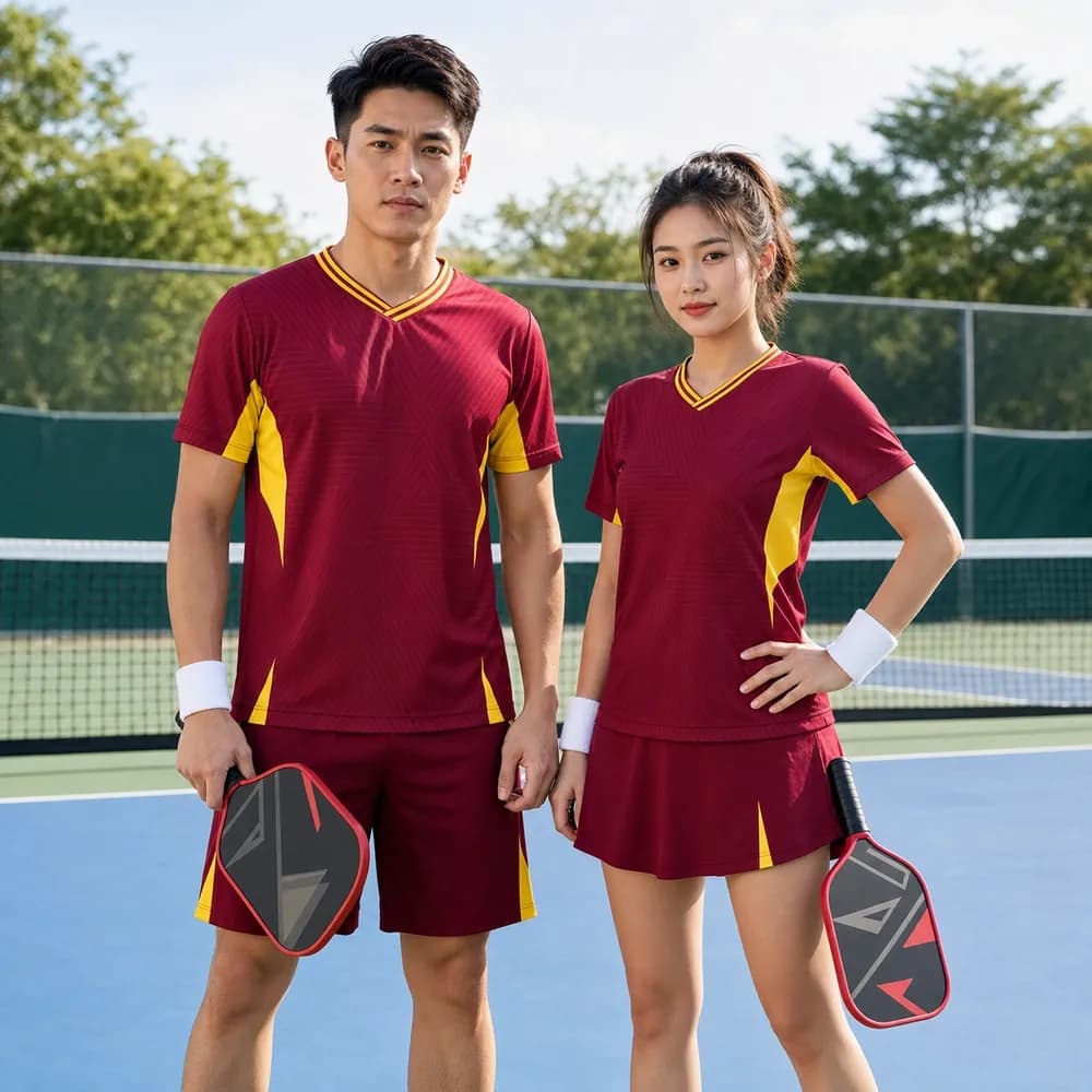 Bộ Quần Áo Pickleball Nam Nữ X24-PB-662 Đỏ đô phối vàng xanh navy – Tuyển chọn X24Sport