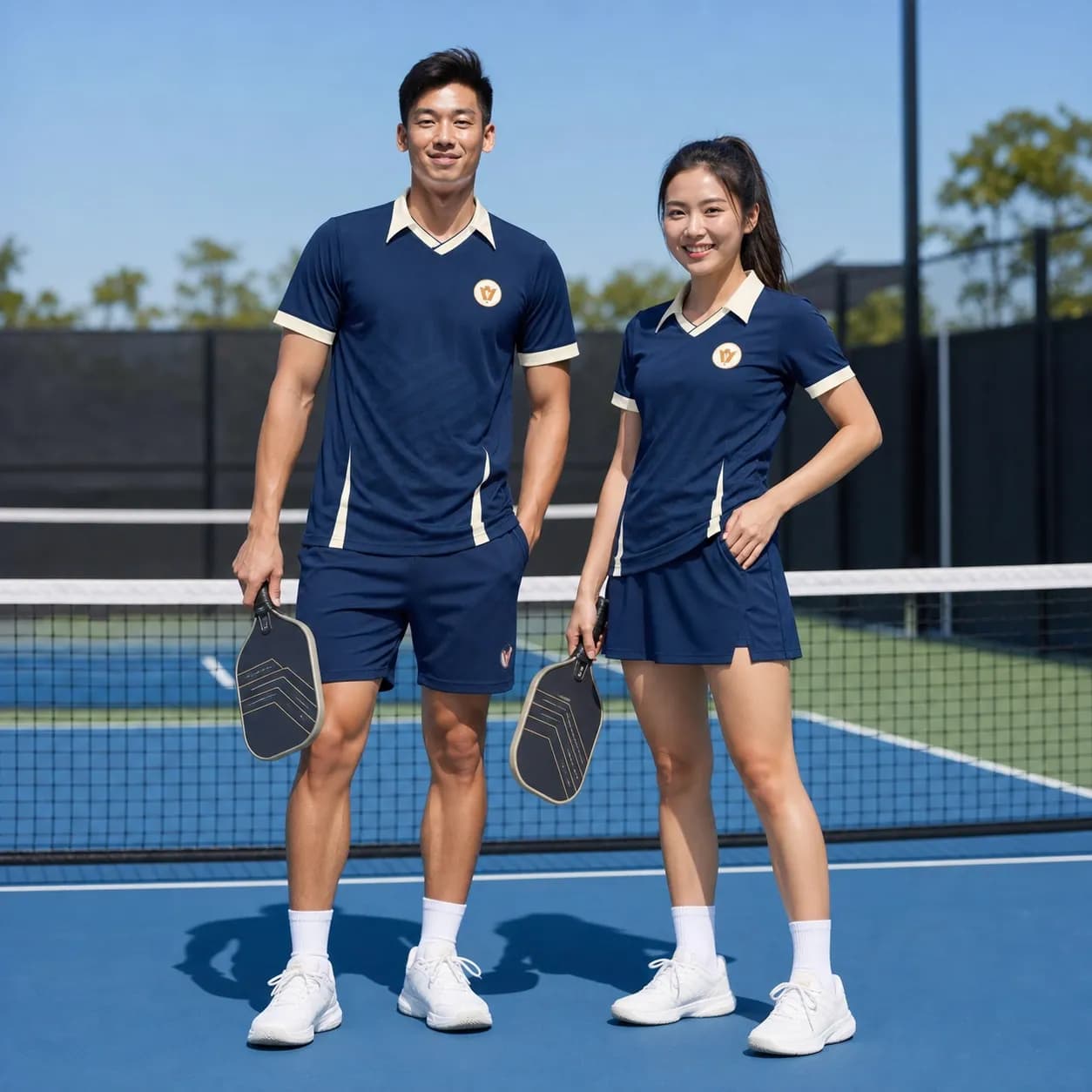 Bộ Quần Áo Pickleball Nam Nữ X24-PB-674 Xanh navy phối kem vàng đồng – Tuyển chọn X24Sport