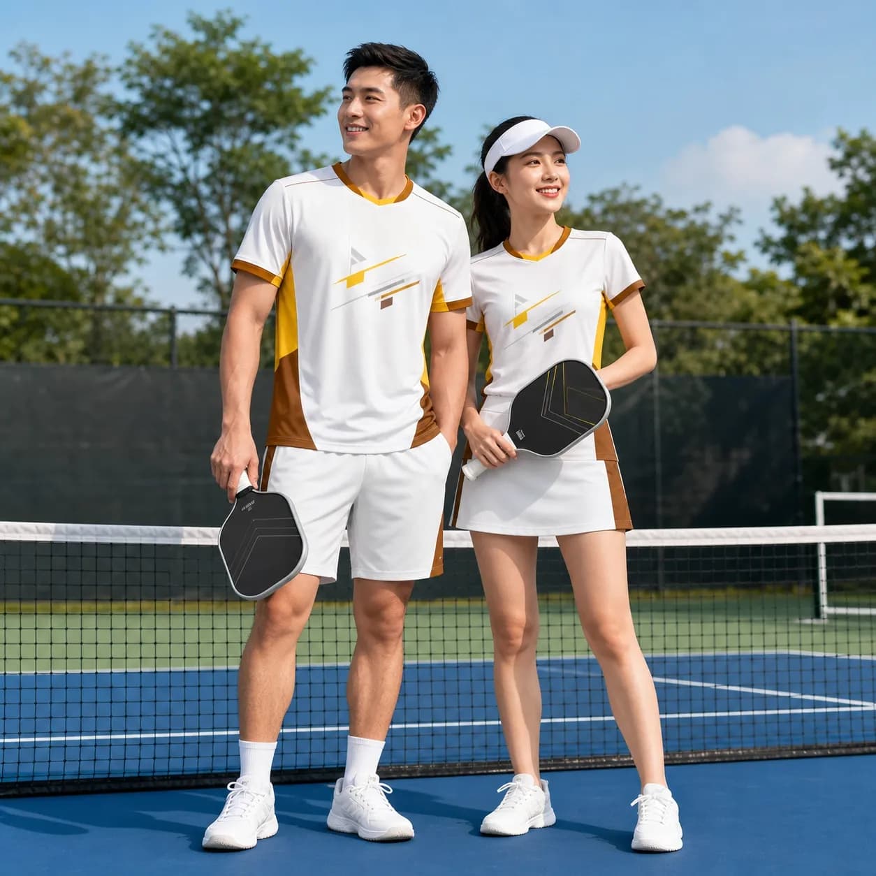 Bộ Quần Áo Pickleball Nam Nữ X24-PB-683 Trắng phối vàng nâu đồng – Tuyển chọn X24Sport