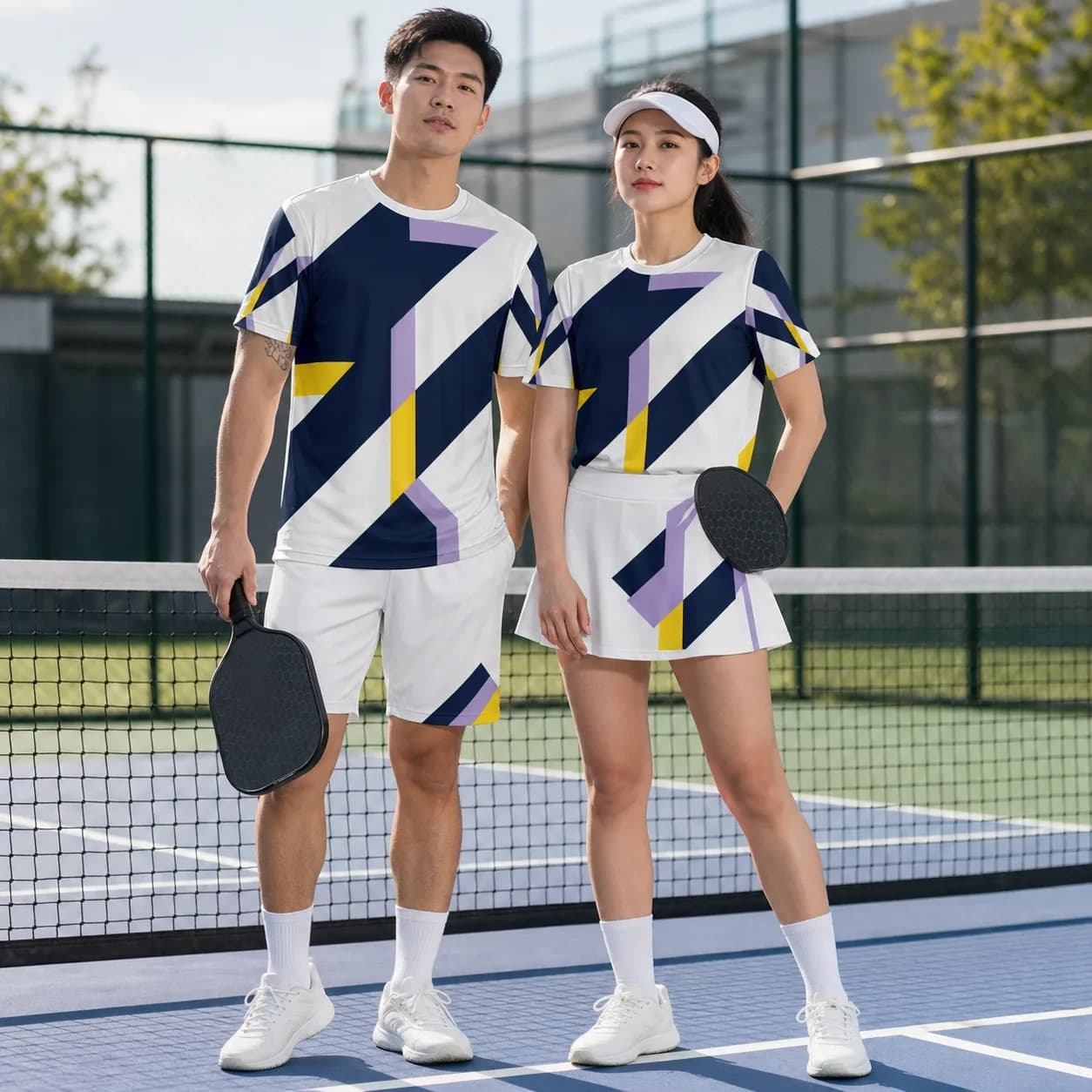 Bộ Quần Áo Pickleball Nam Nữ X24-PB-686 Trắng phối xanh navy tím pastel vàng – Tuyển chọn X24Sport