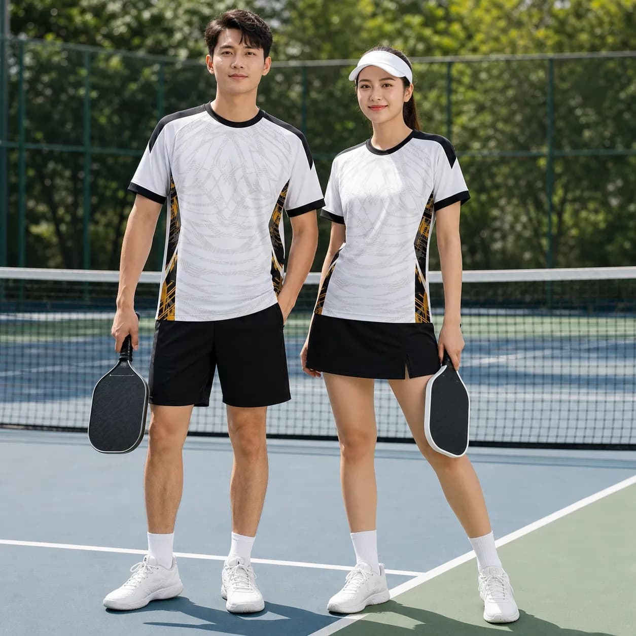 Bộ Quần Áo Pickleball Nam Nữ X24-PB-691 Trắng phối đen vàng gold – Tuyển chọn X24Sport