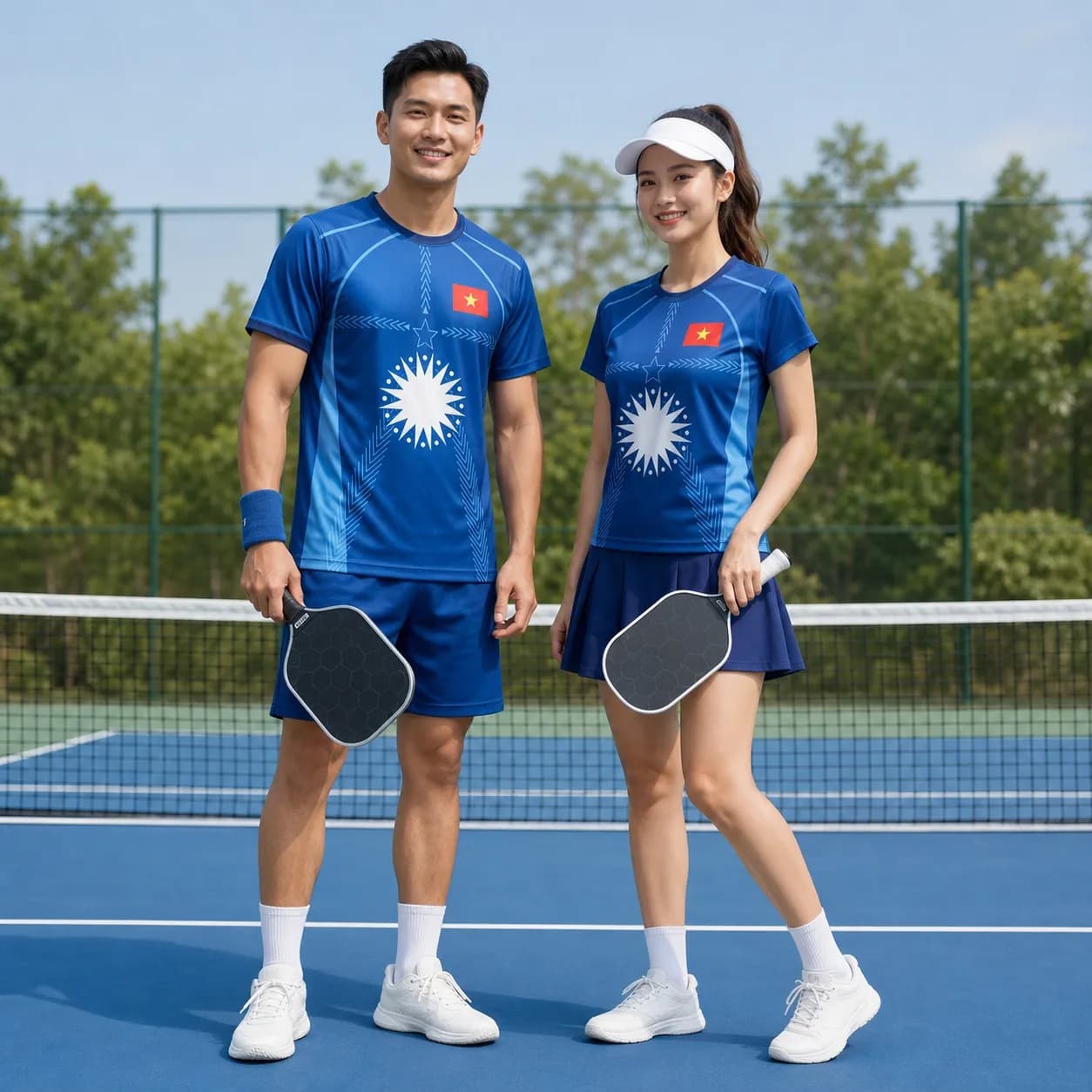 Bộ Quần Áo Pickleball Nam Nữ X24-PB-694 Xanh dương phối xanh navy trắng đỏ – Tuyển chọn X24Sport