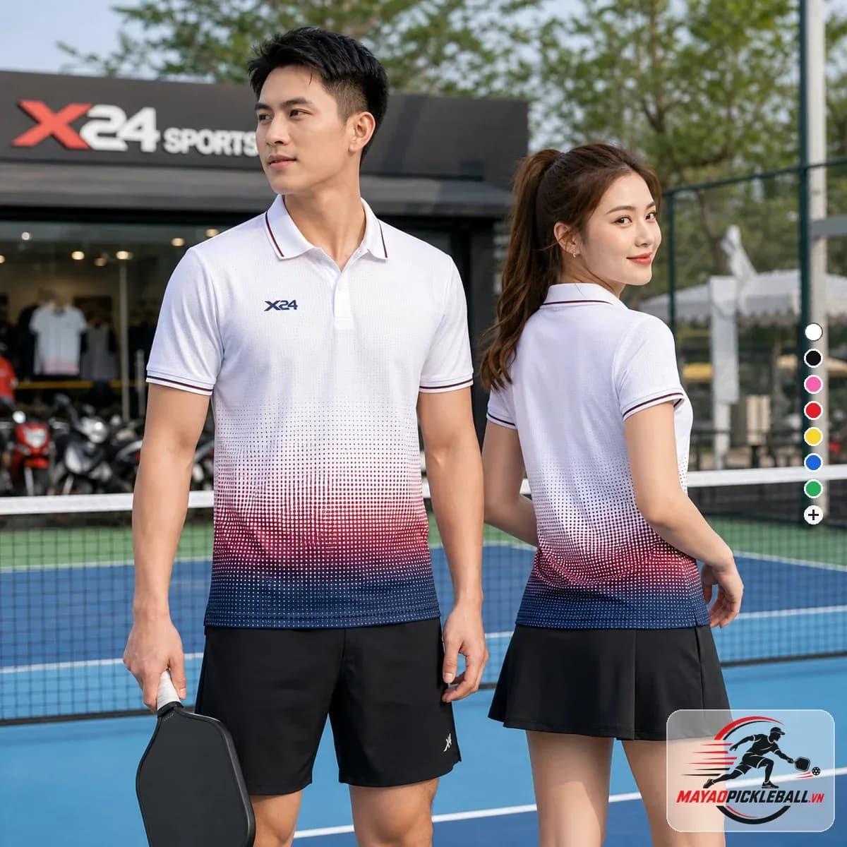 Bộ Quần Áo Pickleball Nam Nữ X24 Trắng Gradient Đỏ Xanh X24-PB-008