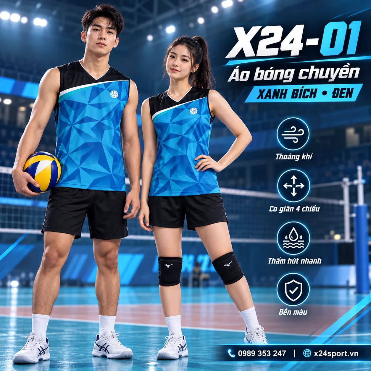 Áo bóng chuyền unisex xanh bích phối đen – thiết kế hiện đại, nổi bật năng động