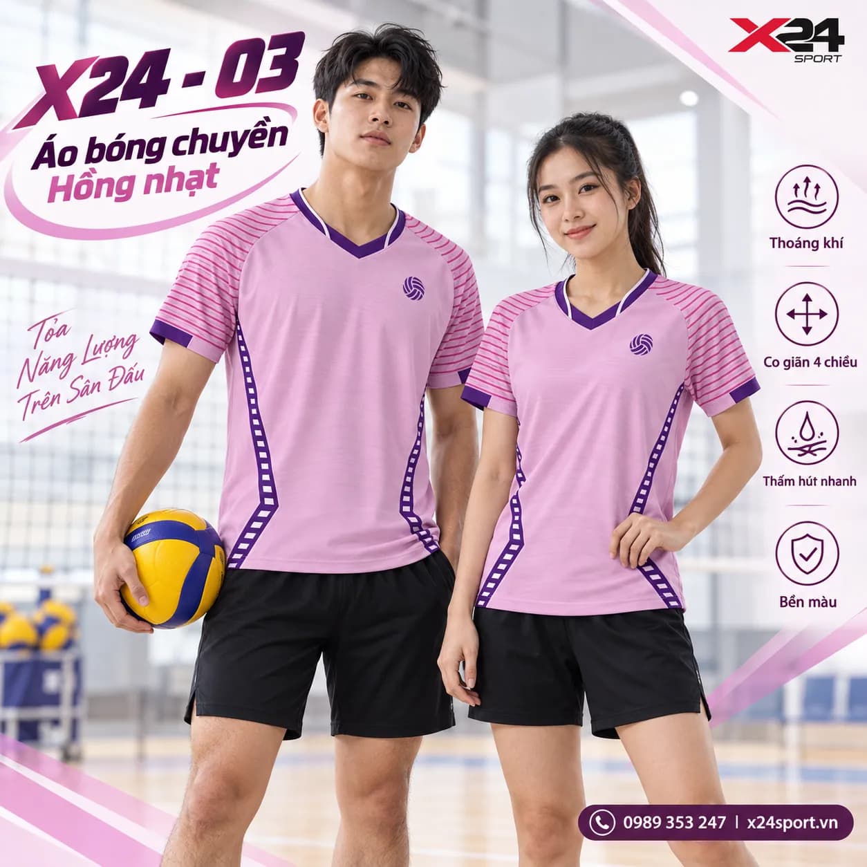 Áo bóng chuyền nữ X24-03 hồng nhạt thiết kế hiện đại