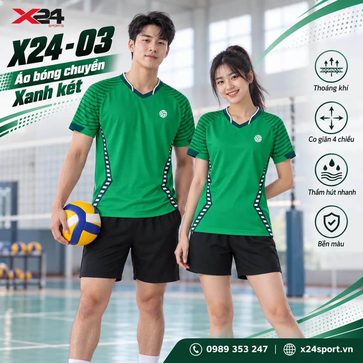 Áo Bóng Chuyền X24-03 Xanh Két – Thiết Kế Năng Động, Chất Liệu DRI-FIT Cao Cấp