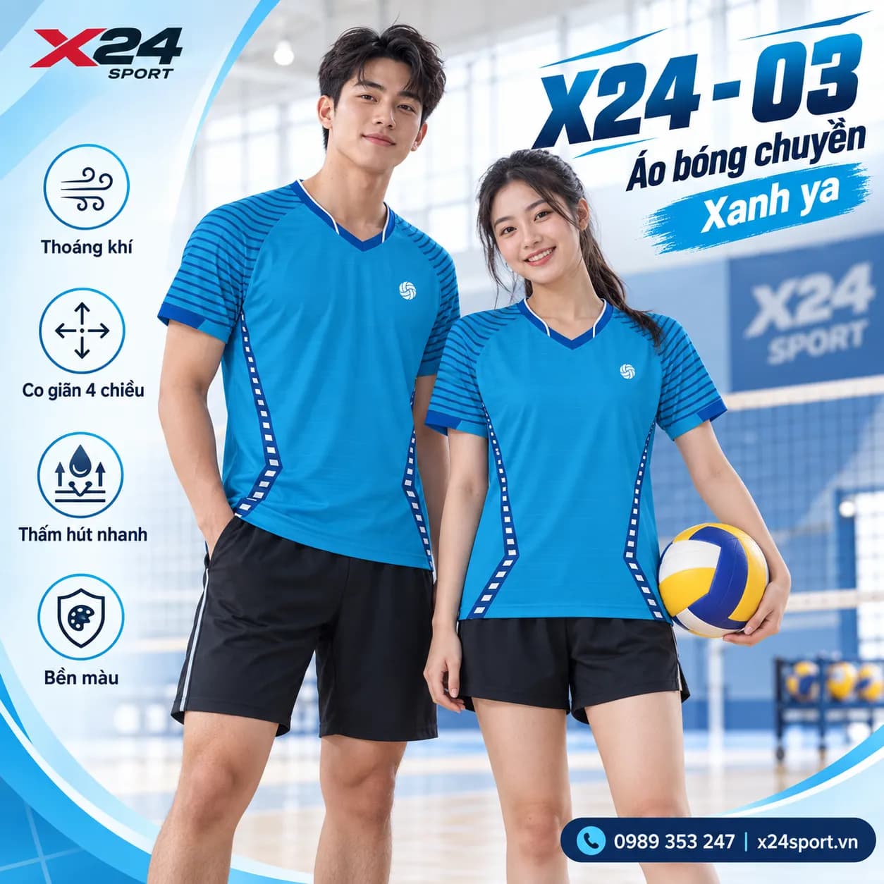 Áo Bóng Chuyền X24-03 Màu Xanh Ya – Mát Mẻ, Năng Động và Tiện Lợi