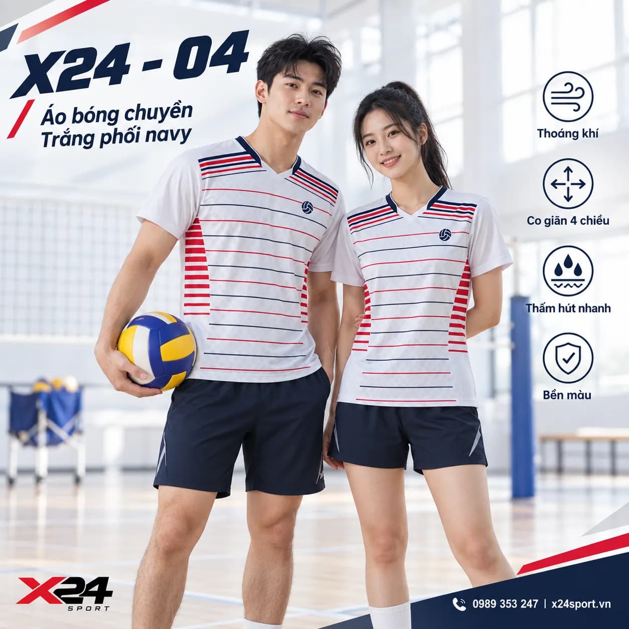 Bộ đồ bóng chuyền X24-04 Trắng phối Navy – Năng động và tinh tế