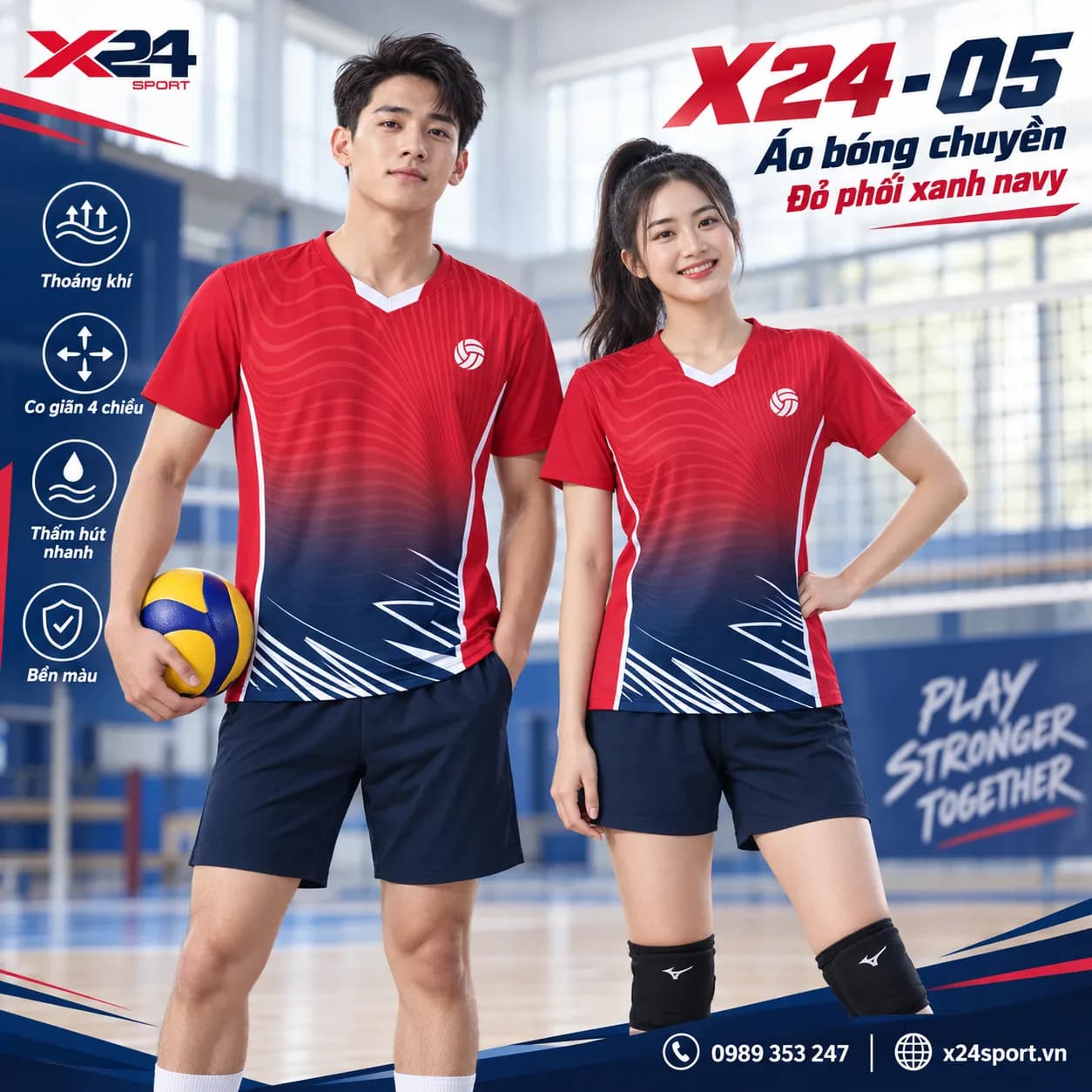 Áo Bóng Chuyền X24-05 Màu Đỏ Xanh Navy Gradient