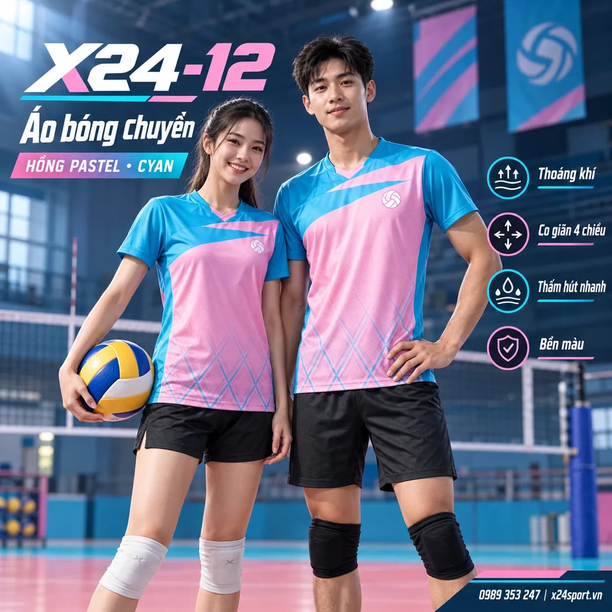 Áo bóng chuyền X24-12 – Hồng Pastel phối Cyan tươi trẻ