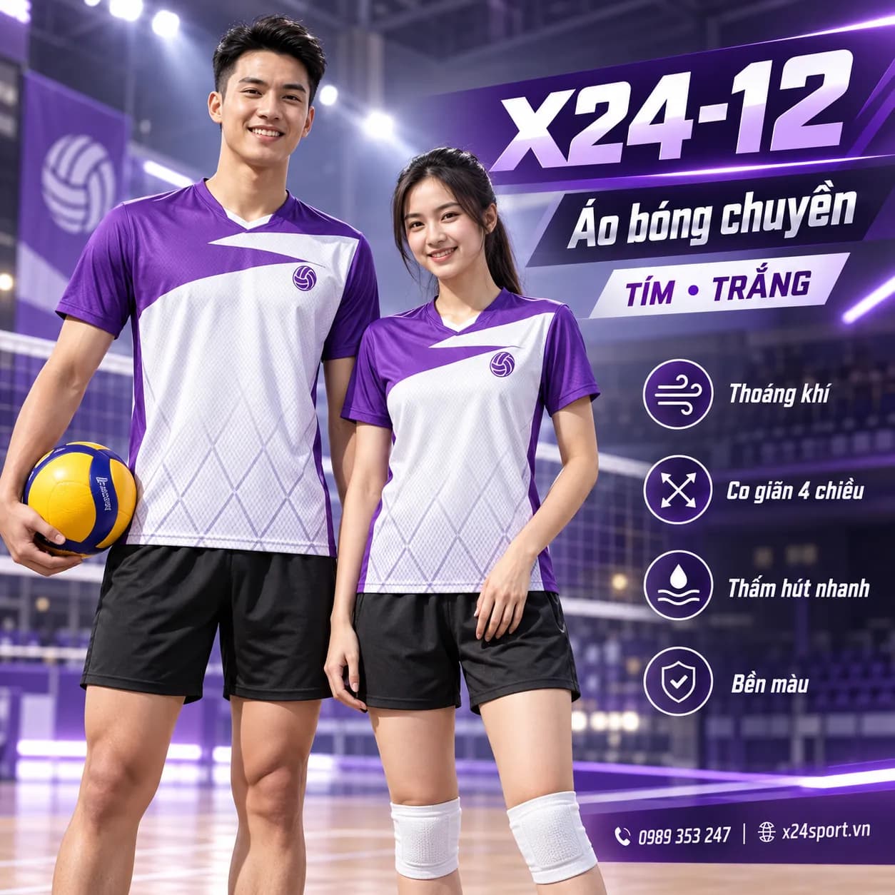 Áo Bóng Chuyền X24 Sports – Mẫu X24-12 Màu Tím Trắng