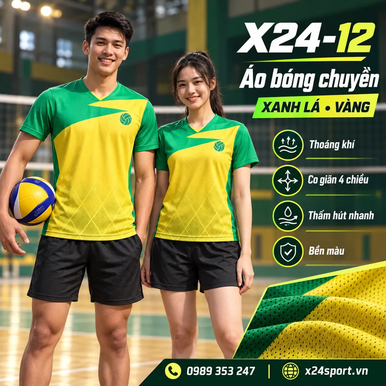 Áo Bóng Chuyền X24 Sports – Xanh Lá Vàng Nổi Bật Unisex