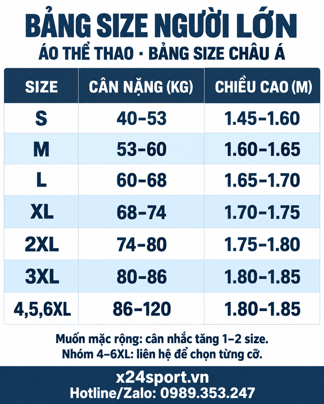 Bảng size áo bi-a người lớn tham khảo tại X24Sport — x24sport.vn