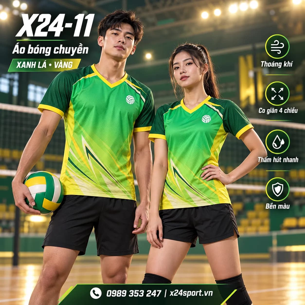 Bộ đồ bóng chuyền X24-11 xanh lá phối vàng – Thiết kế thể thao unisex