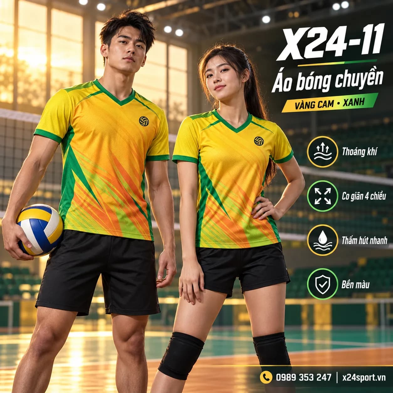 Bộ quần áo bóng chuyền X24-11 – Vàng cam xanh năng động
