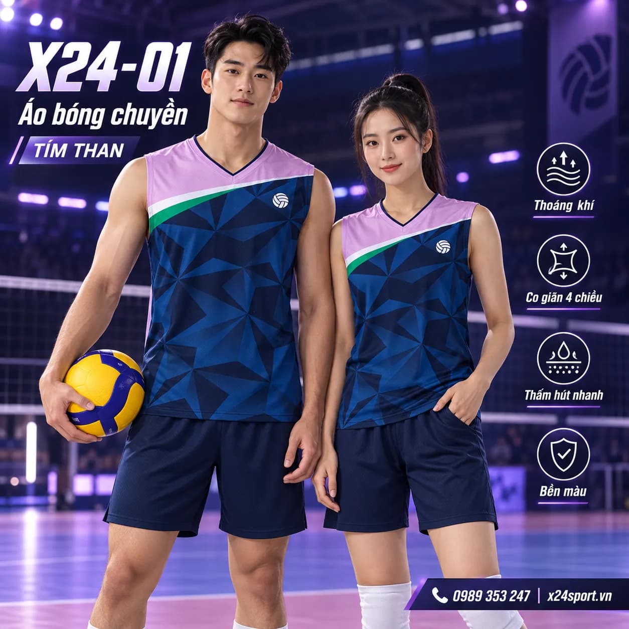 Đồng phục bóng chuyền X24-01 màu tím than thiết kế năng động, thoáng khí