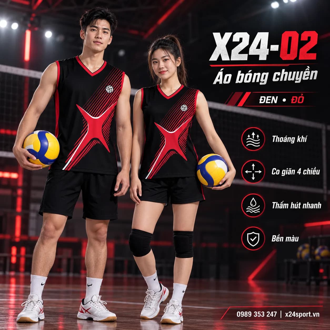Đồng Phục Bóng Chuyền X24-02 Màu Đen Đỏ Cá Tính