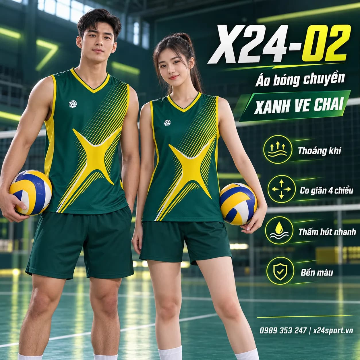 Đồng phục bóng chuyền X24-02 màu Xanh ve chai – Đậm chất thể thao, nổi bật mọi trận đấu